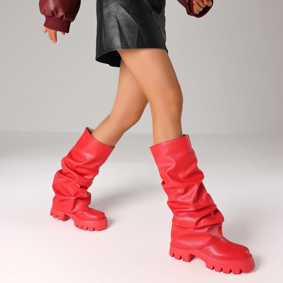 Women's Red Fold Over Boots Slouchy Boots Wide Calf Pleated Platform Boots - Picture 6 of 7